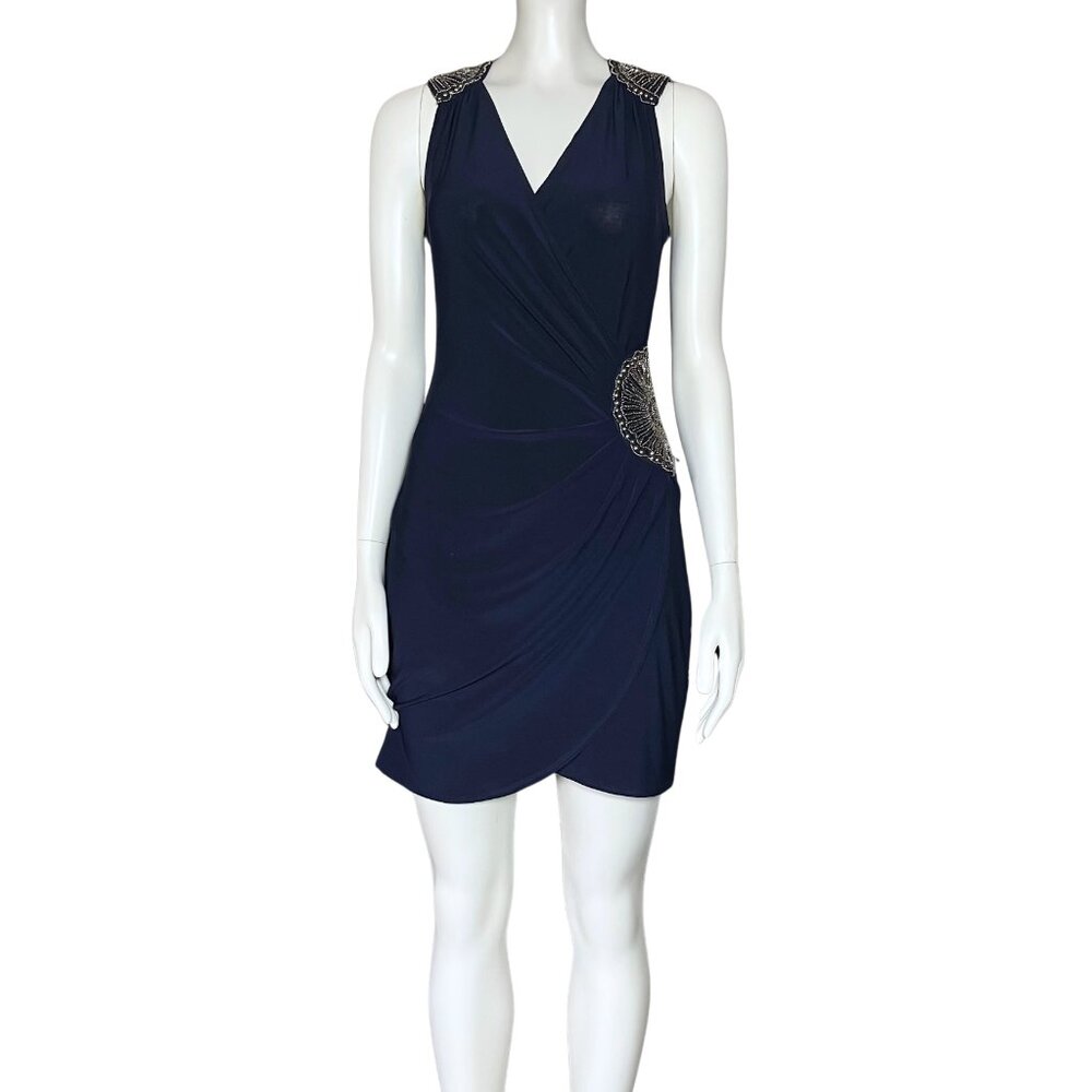 Vintage Y2K Navy Blue Beaded Cocktail Hoco Dress. S/M. Silver Boho Glam Party - Picture 1 of 14